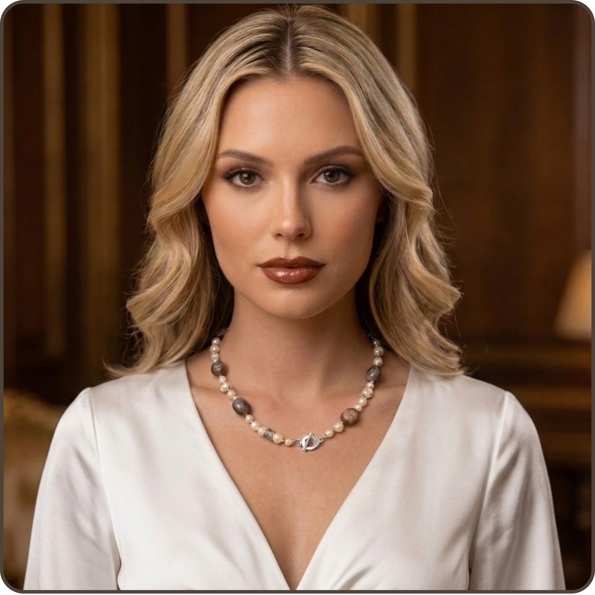 A blonde woman with wavy hair wearing a white V-neck top and a beaded necklace with a silver-toned pendant, set against a warm, dark wood-paneled background.