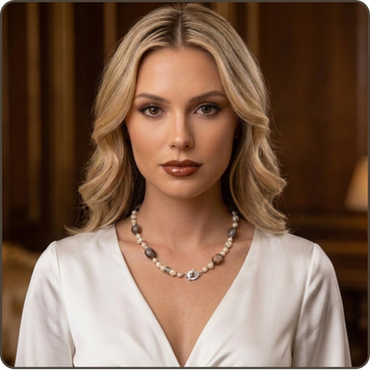 A blonde woman with wavy hair wearing a white V-neck top and a beaded necklace with a silver-toned pendant, set against a warm, dark wood-paneled background.