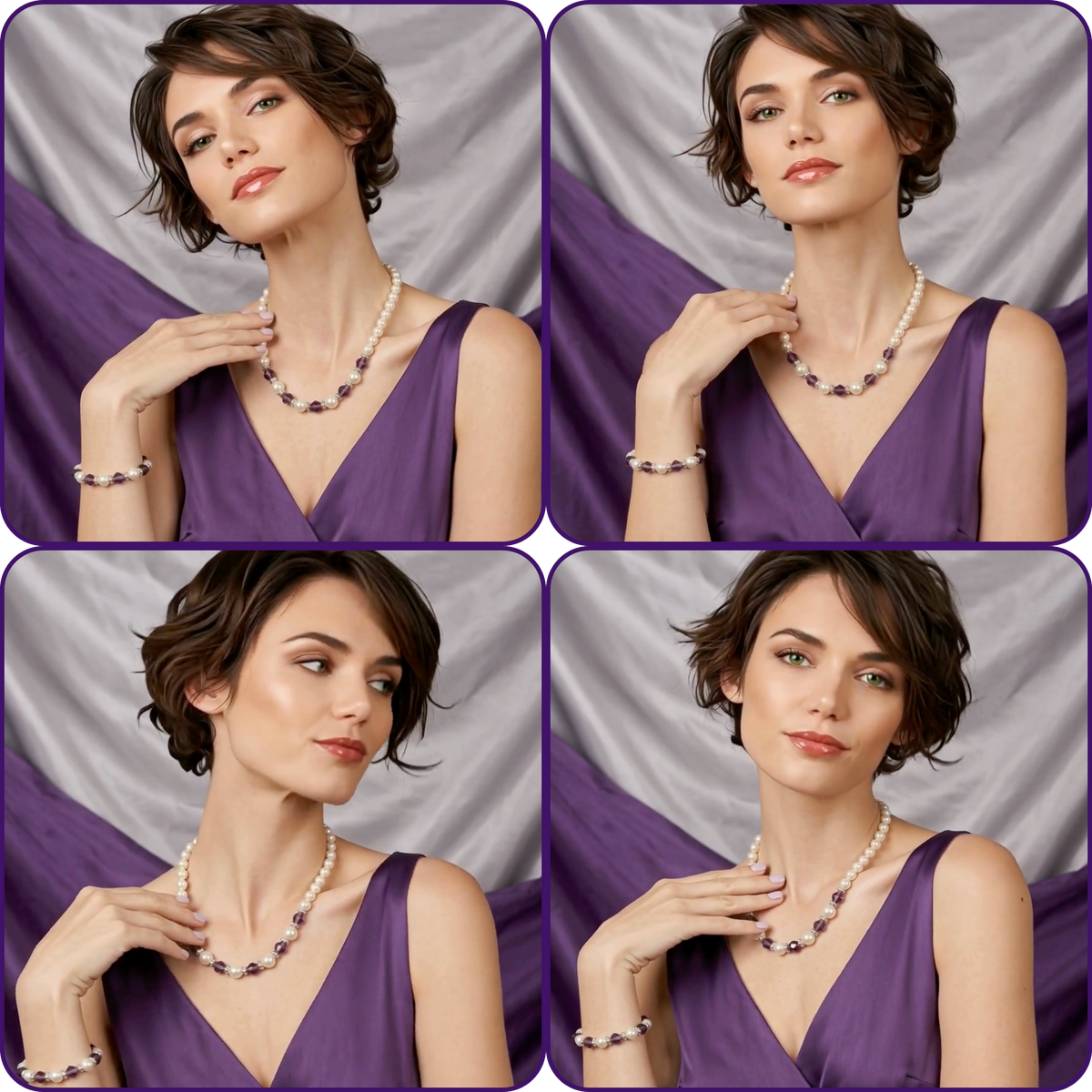 Four-panel collage showing a woman wearing a pearl necklace with dark purple beads and a matching pearl bracelet, posed against draped gray fabric and wearing a purple satin dress.