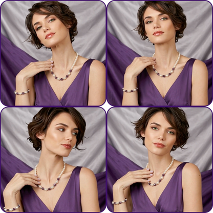 Four-panel collage showing a woman wearing a pearl necklace with dark purple beads and a matching pearl bracelet, posed against draped gray fabric and wearing a purple satin dress.