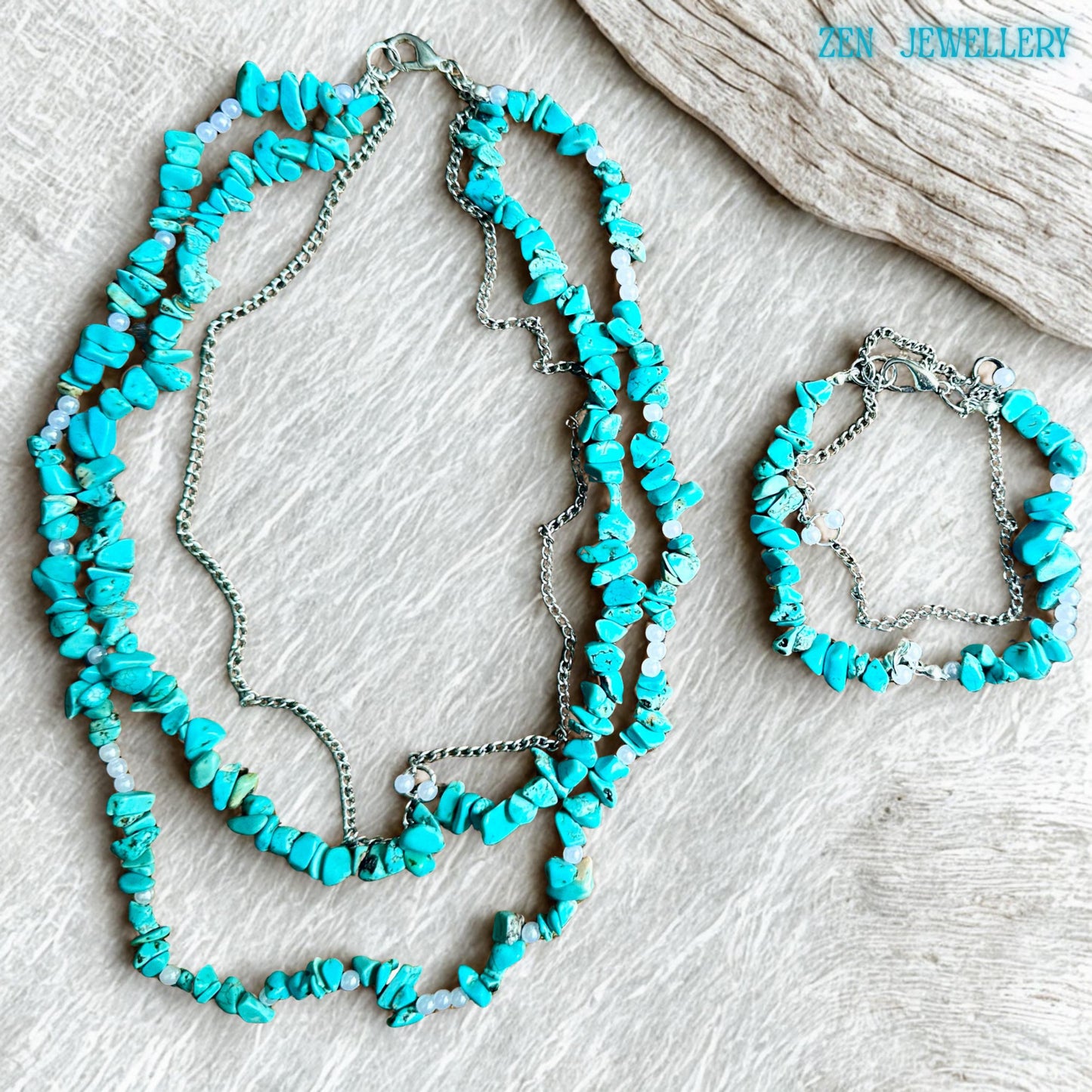 Women's boho layered necklace and bracelet set with turquoise chip stones and durable stainless steel chains.
