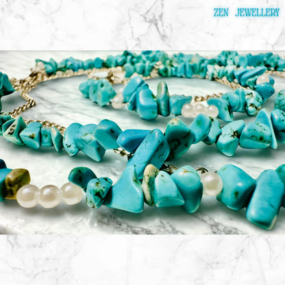 Celestial turquoise gemstone jewellery set with a 3-strand necklace and a 2-strand bracelet for women.