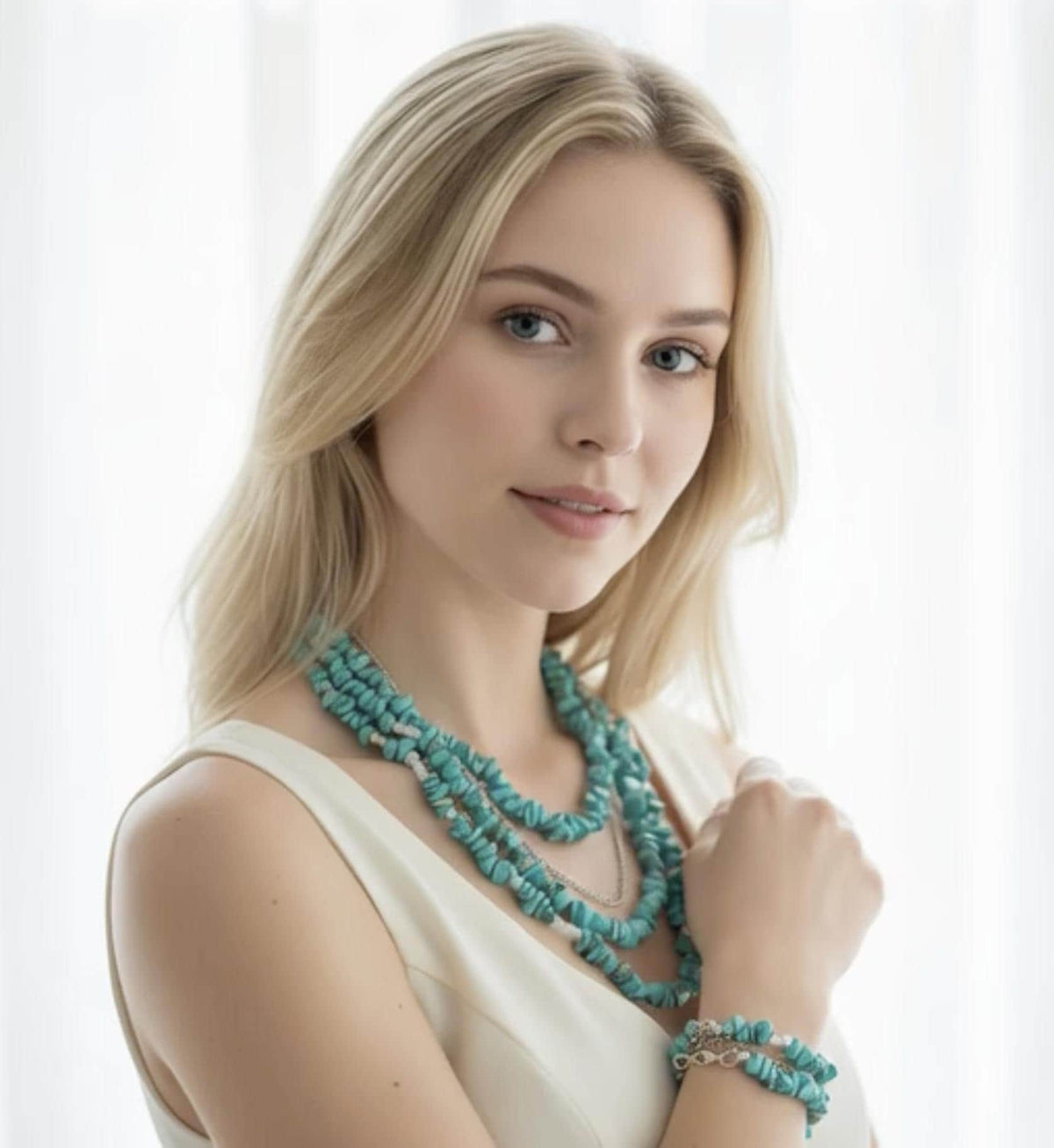 Handmade boho chic turquoise bracelet with stainless steel chain, perfect for stacking with other jewellery.