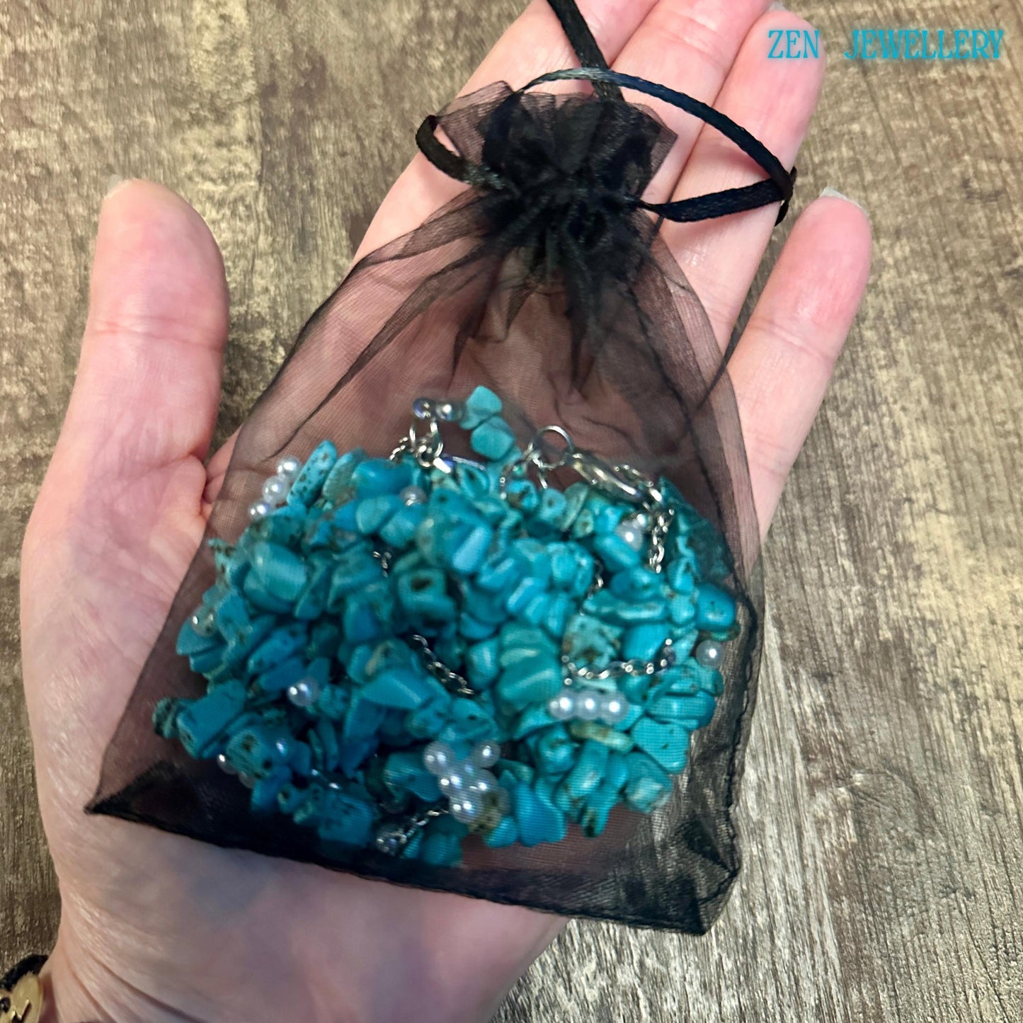 Unique handmade necklace and bracelet set with layered turquoise chip stones for boho fashion styling in a Pouch jewellery bag, a gift from Zen Jewellery