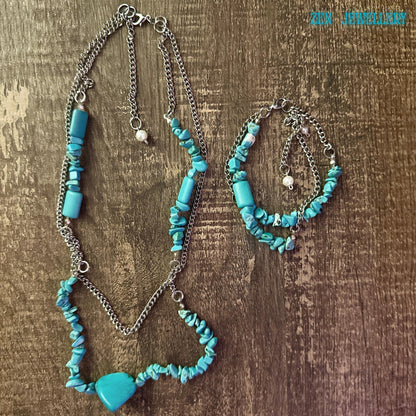 Texture-focused image showing contrast between rough turquoise chips and smooth cylindrical beads, highlighting handcrafted variation and uniqueness in each piece.
Zoomed-in section of turquoise beads showing natural colour variation from sky blue to green tones, indicating authentic stone characteristics.