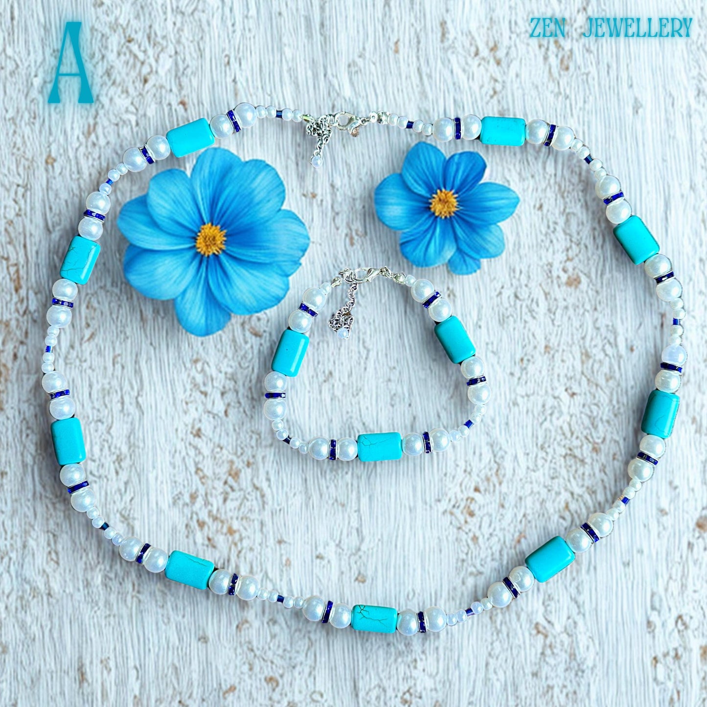 Close-up of the turquoise pearl necklace set highlighting the smooth turquoise beads, round white pearls, blue crystal spacers, and sterling silver clasp mechanism placed on a wooden background to emphasise texture, colour contrast, and the handmade craftsmanship with clear visibility of the adjustable extension chain.