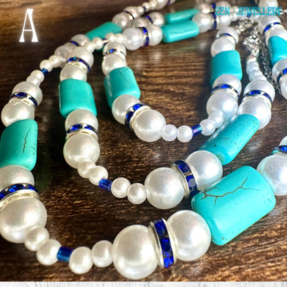 The turquoise pearl necklace and bracelet set arranged in a circular display shows the full length of the necklace and bracelet with turquoise stones and pearl beads evenly distributed along the sterling silver chain extensions creating a balanced boho chic accessory perfect for everyday wear or special occasions.