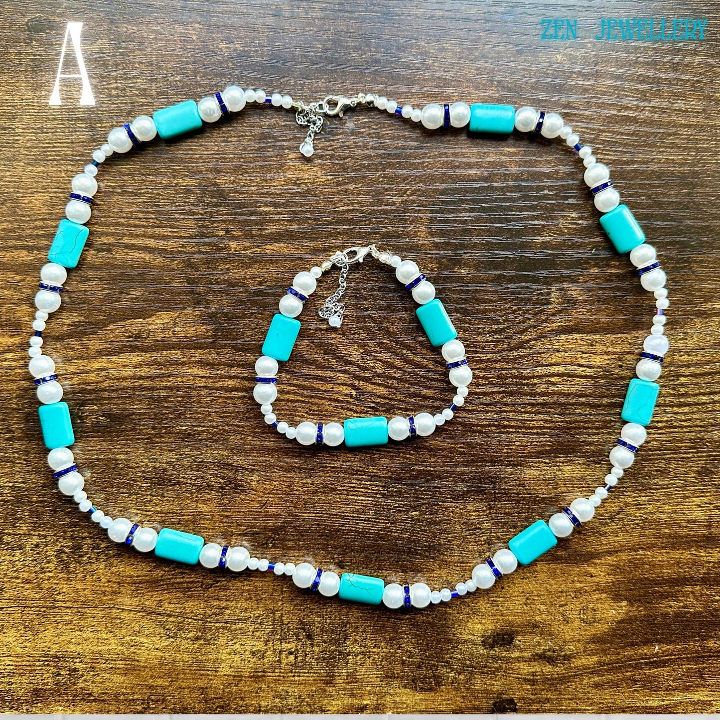 TURQUOISE PEARL | Elegant Necklace Bracelet Set | Rhinestone Sterling Silver | Boho Jewellery for Women