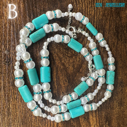 The handcrafted turquoise pearl jewellery set is shown in natural lighting on a wooden surface with turquoise beads, pearl beads, blue rhinestones, and sterling silver clasps forming an elegant bohemian turquoise necklace and bracelet set designed for comfort, durability, and stylish layering.