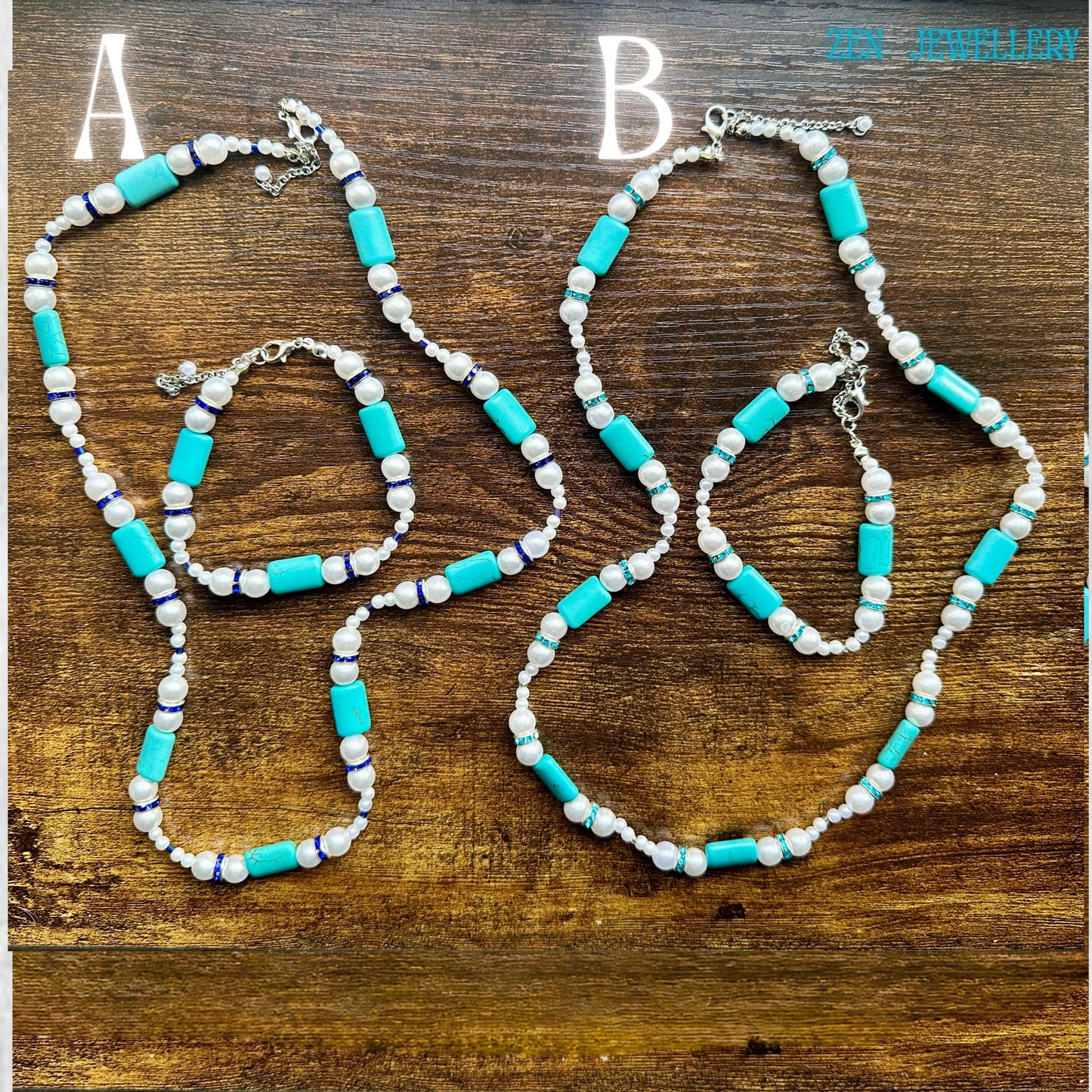 A detailed image of the turquoise pearl necklace and bracelet set, focusing on the sterling silver clasp and extension chain with turquoise stones and pearl beads placed symmetrically along the design, creating a vintage turquoise jewellery look suitable for gift giving and bohemian fashion styling.