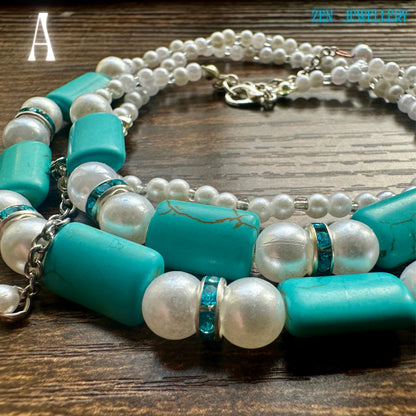 Turquoise Shard jewellery set showing layered turquoise stones and delicate Miyuki seed beads for a chic boho look. The piece is photographed flat. The texture stands out well. Close-up capturing.