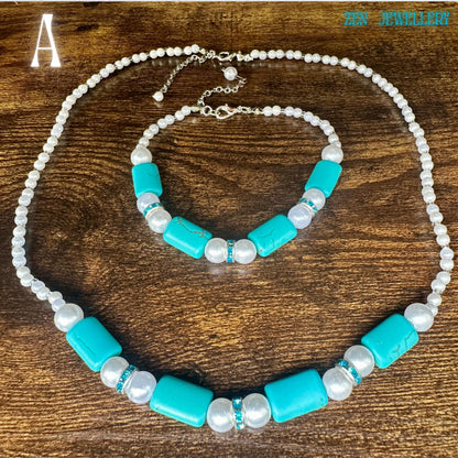 The piece is photographed flat. The texture stands out well. The colours contrast beautifully. The sizing is shown by the full layout. The necklace appears medium length. The bracelet looks comfortable to wear. The clasp detail is easy to see. The finish feels refined. The overall look is natural and stylish.