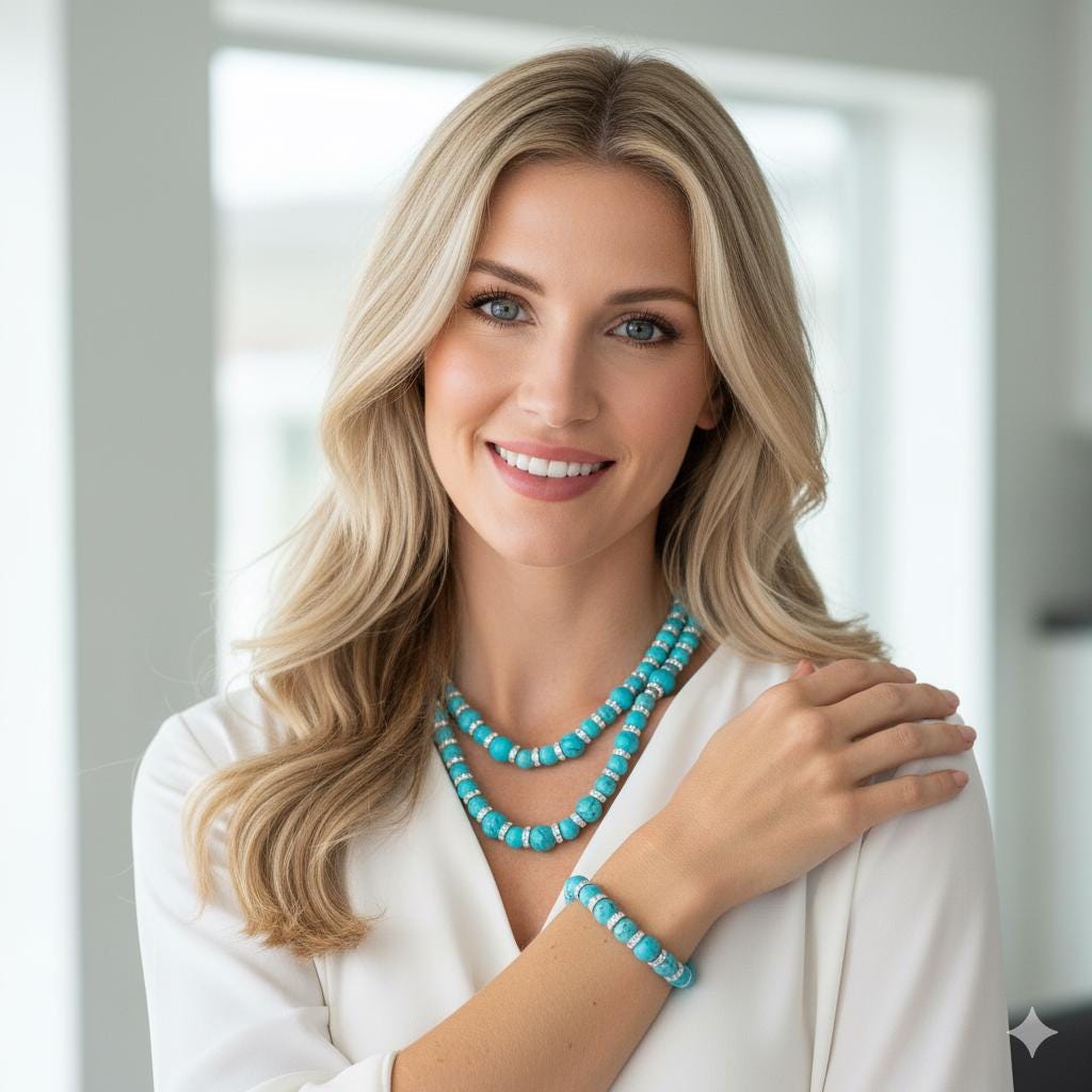 TURQUOISE RHINESTONE | Jewelry Set | Turquoise Beaded Necklace Bracelet | Bohemian Sterling Silver Accessories Women