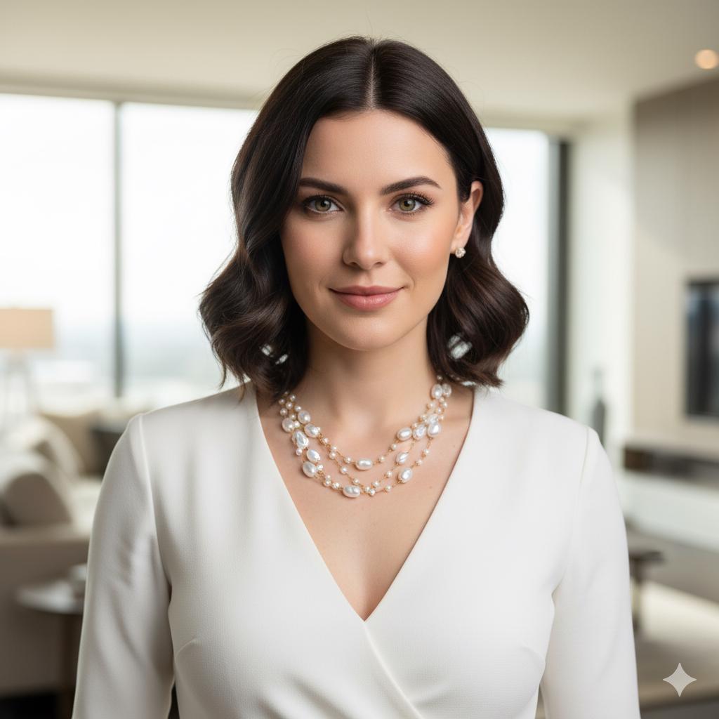 Dainty gold chain necklace featuring asymmetric white pearls in varied sizes. Irregular organic shapes create a modern, elegant look. Shown on dark wood next to a silver teacup for scale. Lustrous white finish with gold wire wrapping.