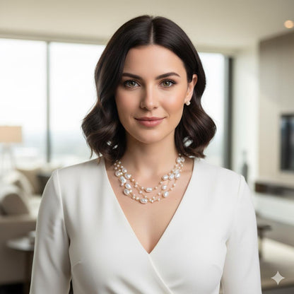 Dainty gold chain necklace featuring asymmetric white pearls in varied sizes. Irregular organic shapes create a modern, elegant look. Shown on dark wood next to a silver teacup for scale. Lustrous white finish with gold wire wrapping.