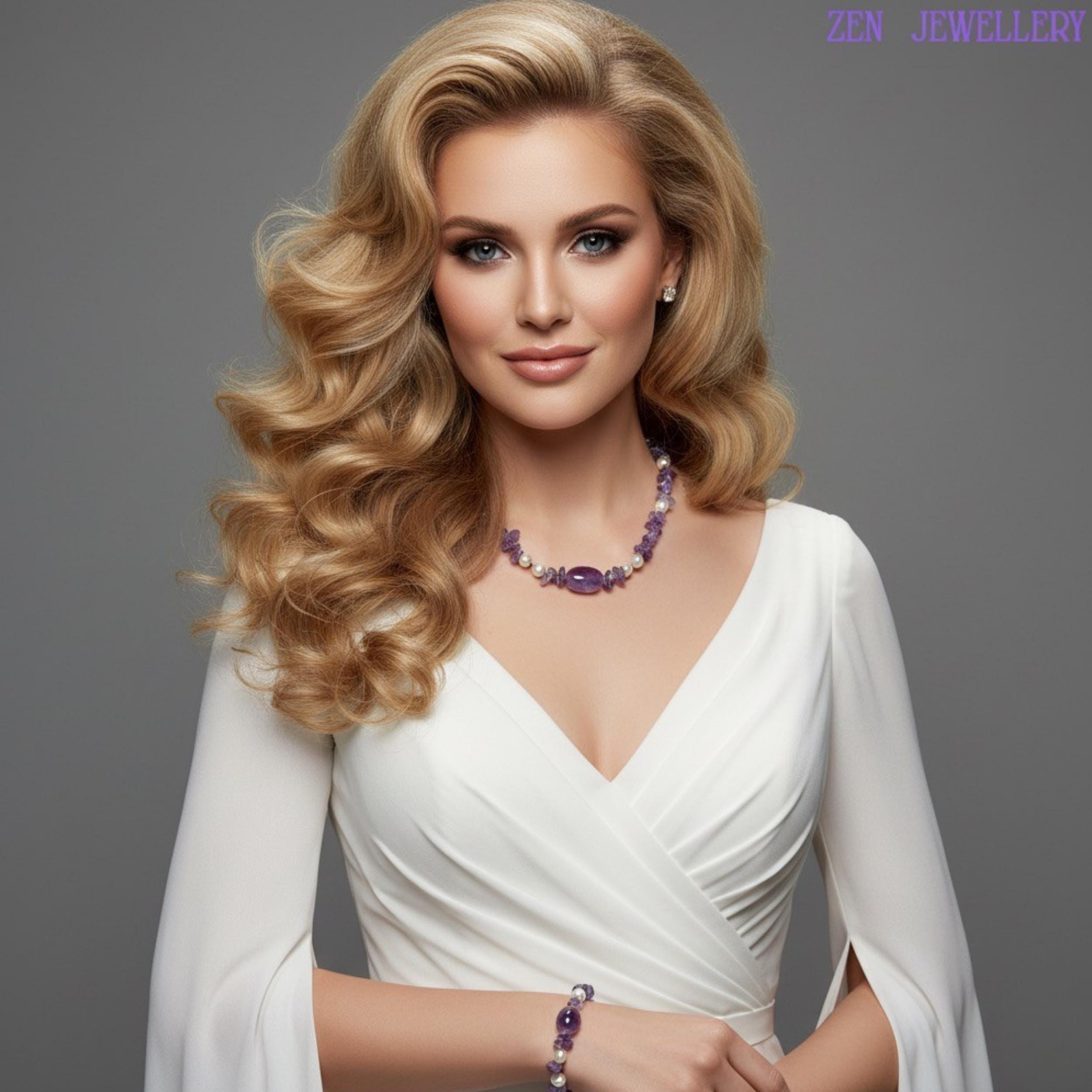 Close-up view of natural amethyst chips necklace with creamy pearl-style beads and silver clasp details displayed on a soft lavender background. The rough gemstone textures contrast beautifully with the smooth glossy pearls, creating an elegant bohemian jewellery style inspired by healing crystals and feminine fashion accessories.