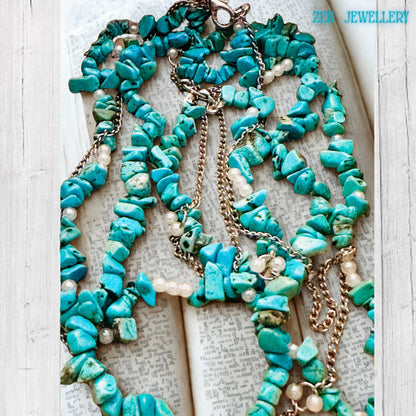 Lightweight turquoise gemstone necklace with 3 strands and matching 2-strand bracelet for women.