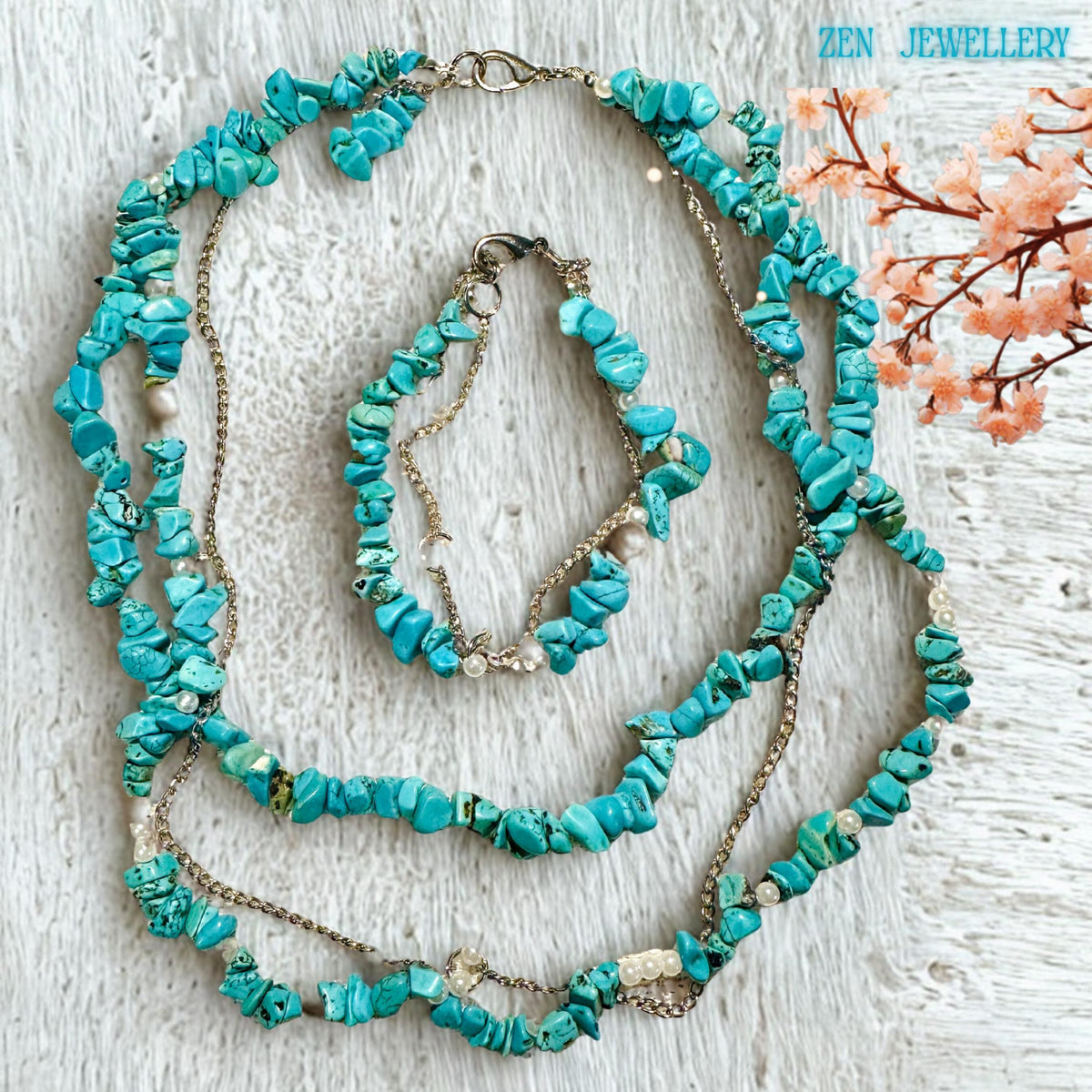 Celestial-inspired 3-strand turquoise necklace and 2-strand bracelet set for everyday or special occasions.
