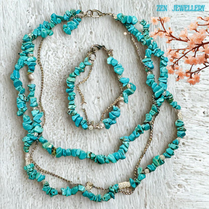Celestial-inspired 3-strand turquoise necklace and 2-strand bracelet set for everyday or special occasions.