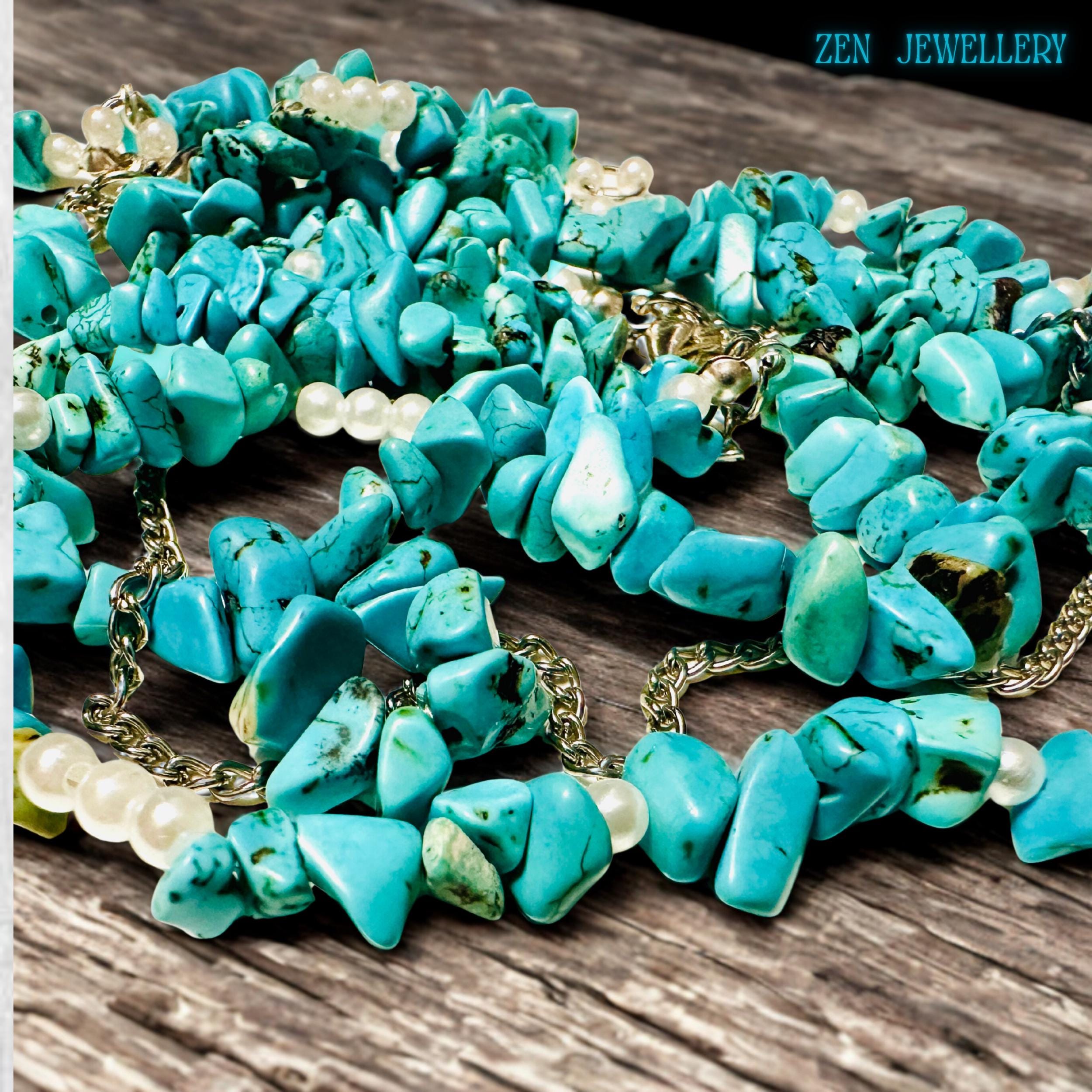 Statement layered necklace and bracelet set with turquoise stones, handmade for gifting or personal style.