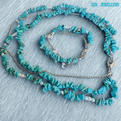 Boho fashion jewellery featuring natural turquoise chips and polished stainless steel chains with adjustable clasp.