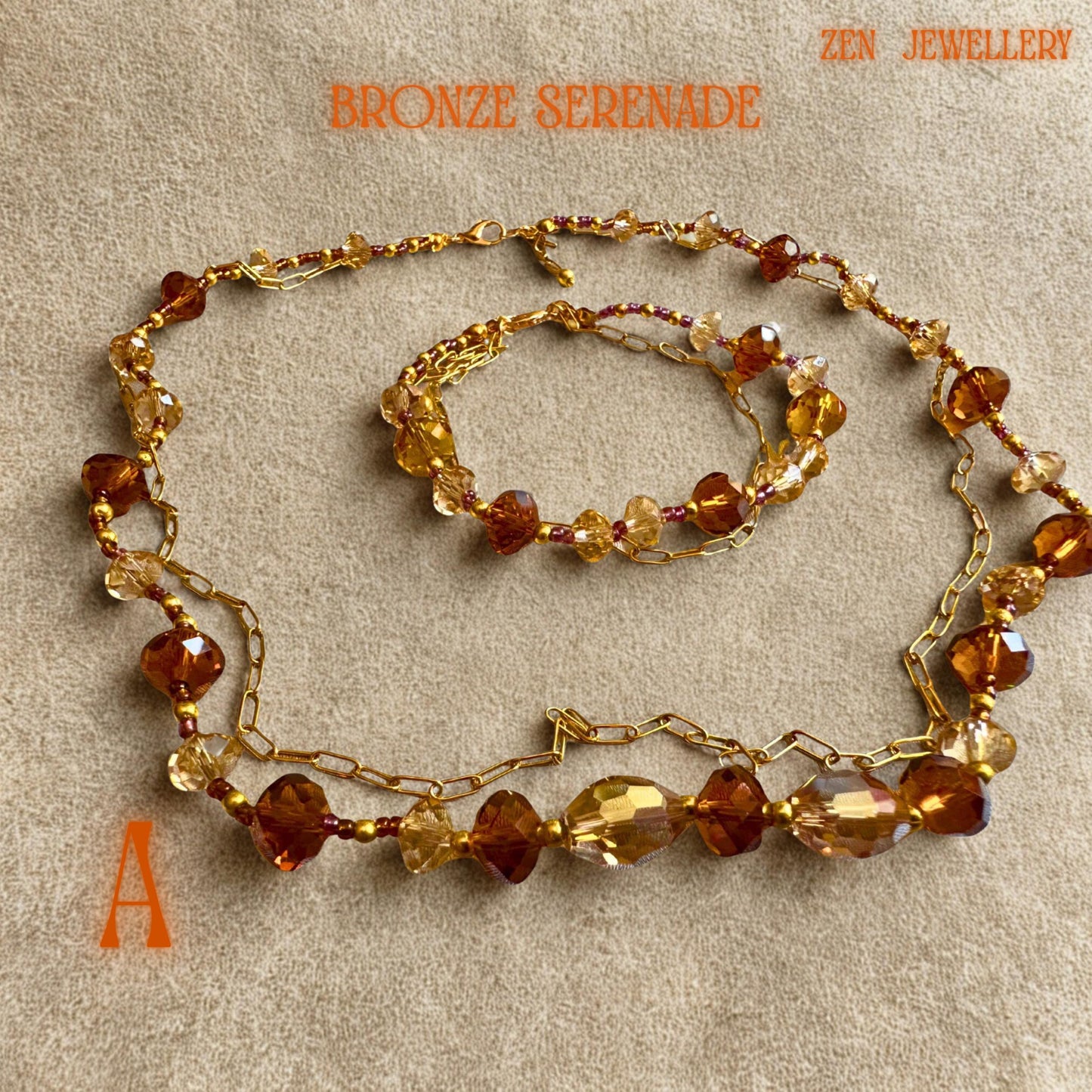 Romantic handmade jewellery set featuring layered Austrian crystal beads in caramel, amber, and champagne shades with polished gold spacer beads and delicate chain sections. The warm tones create elegant depth and luxurious texture while the faceted crystals catch the light softly. The coordinated necklace and bracelet set creates graceful movement and timeless feminine style.