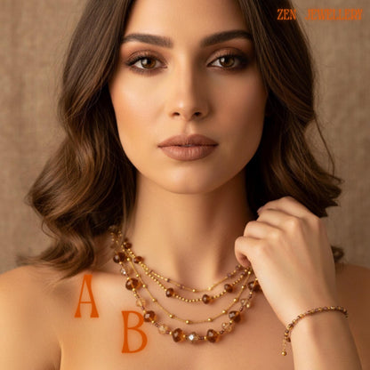 Handmade Austrian crystal necklace with matching bracelet featuring warm amber crystal beads, gold spacers, and delicate chain sections. The faceted champagne crystals shimmer beautifully under light and create soft glamorous reflections. The elegant layered style pairs beautifully with evening dresses, festive outfits, and classic feminine fashion.