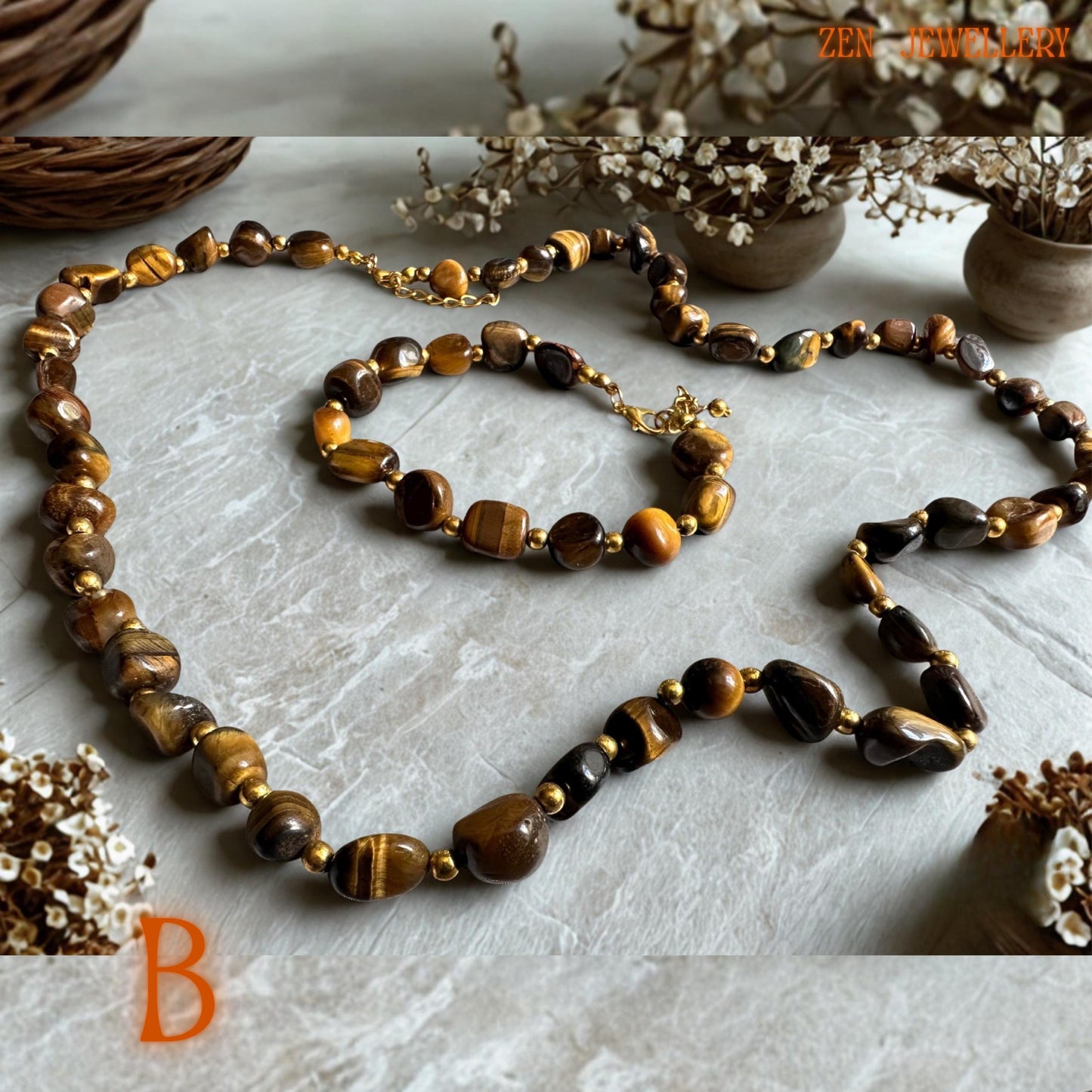 Matching tiger eye jewellery set with smooth honey brown gemstone beads arranged in an elegant layered style. The gold clasp and spacer details add refined contrast while the warm crystal tones create a calming and luxurious appearance.