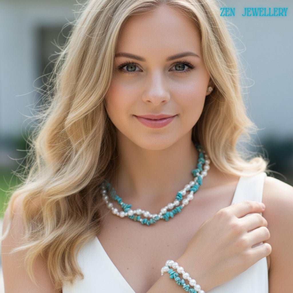 Close up of turquoise chips mixed with round pearl beads showing irregular shapes and smooth surfaces, highlighting handcrafted design and contrast between blue green stones and soft white pearls in layered strands on an elegant blond woman wearing a white dress