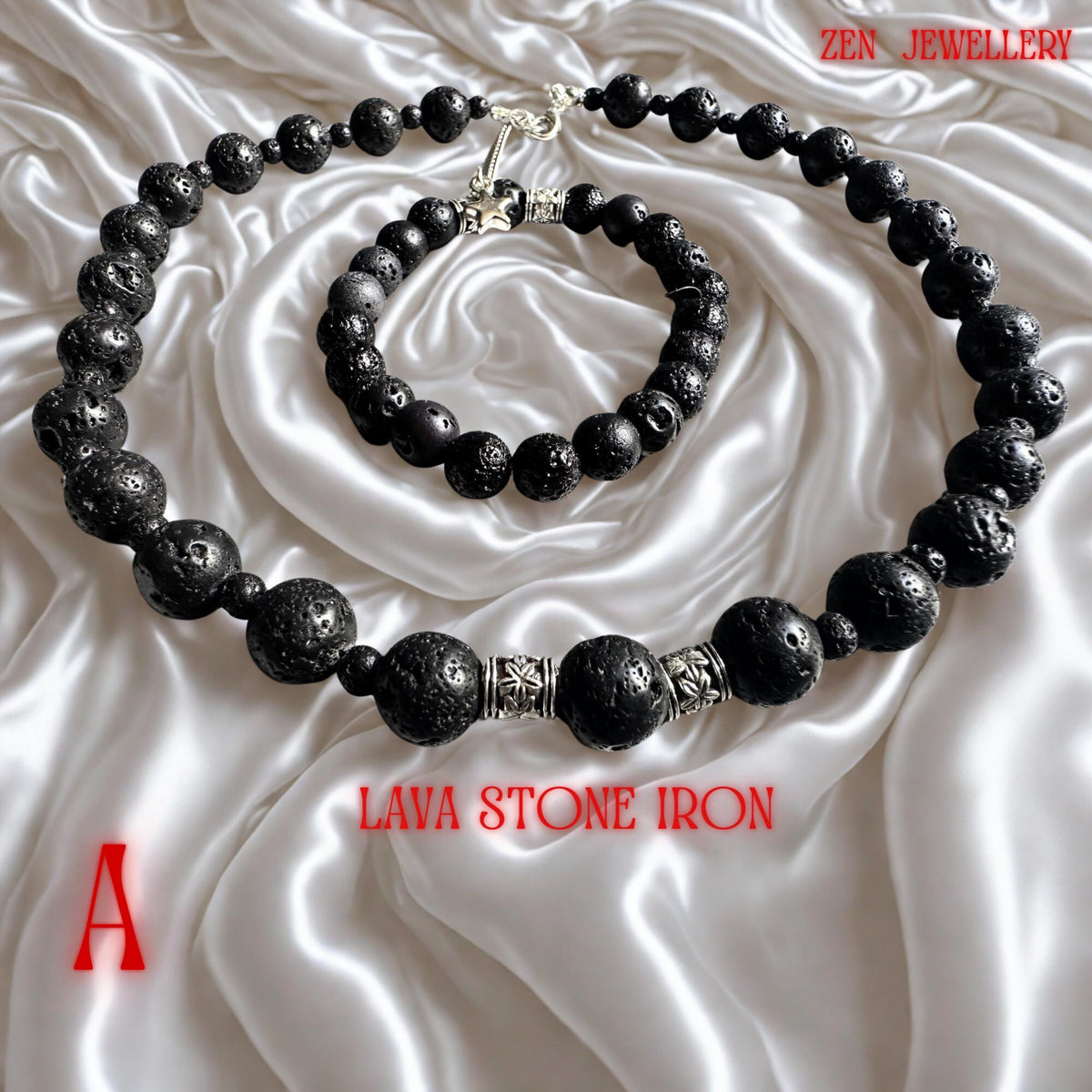 Artistic product image featuring a lava stone necklace and matching bracelet arranged together to highlight the rich volcanic texture and handcrafted construction. The black beads have an earthy matte surface with natural porous details created by volcanic stone formation. Elegant silver spacers provide a refined contrast and elevate the minimalist style of the jewellery set. The necklace closure includes a silver clasp and adjustable chain for c