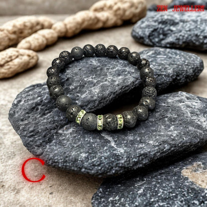 Elastic lava stone bracelet with sparkling green rhinestone spacers, perfect for layering or gifting.