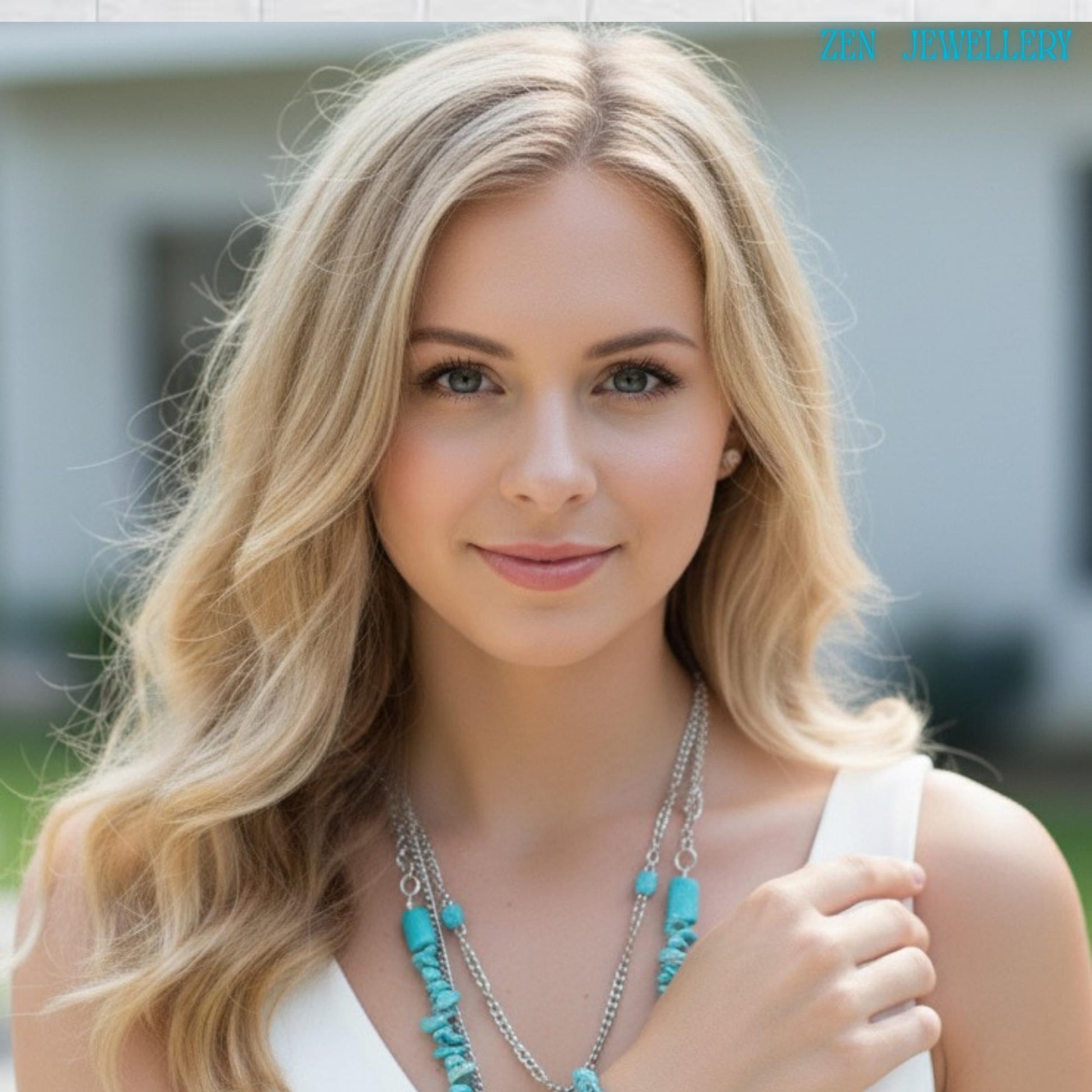 Detailed view of the bracelet from the turquoise jewelry set, showing two delicate strands of silver chain interwoven with turquoise chips and a small pearl accent, illustrating the elegant contrast between raw gemstone texture and refined metallic elements.