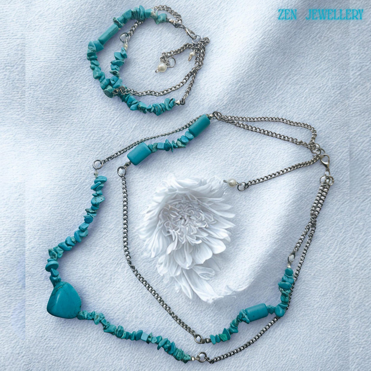 Close-up of the turquoise heart pendant showing smooth polished surface and subtle natural veining, adding a focal point to the necklace design with a soft bohemian romantic touch.