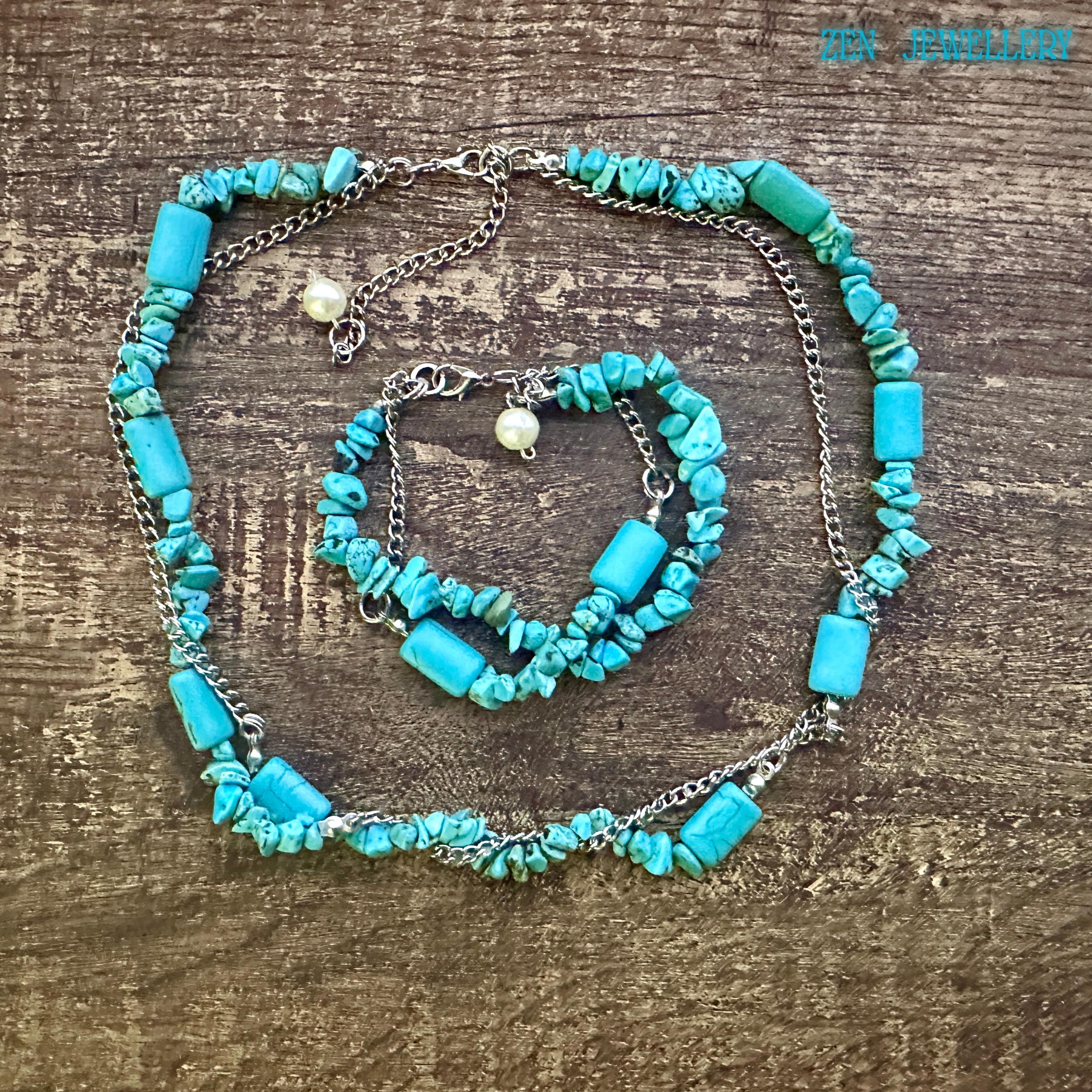 Full jewelry set layout showing necklace and bracelet proportions, including visible lobster clasps and adjustable extension chain, helping buyers understand fit and wearable sizing.