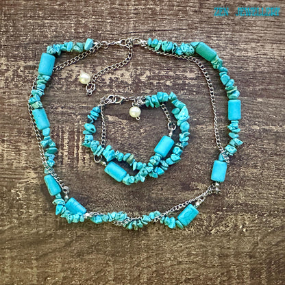 Full jewelry set layout showing necklace and bracelet proportions, including visible lobster clasps and adjustable extension chain, helping buyers understand fit and wearable sizing.