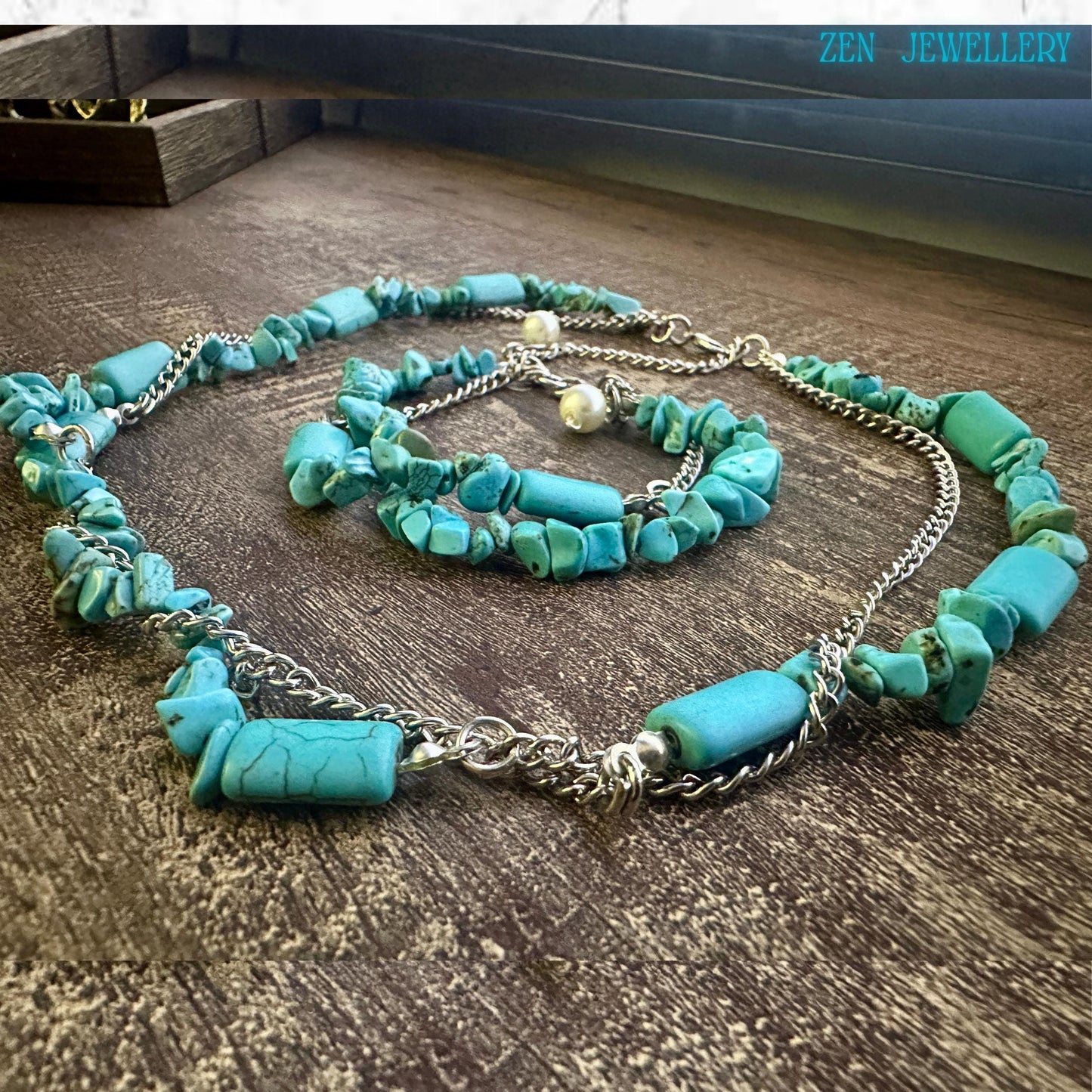Layered turquoise necklace and bracelet set for spiritual energy balance and relaxation