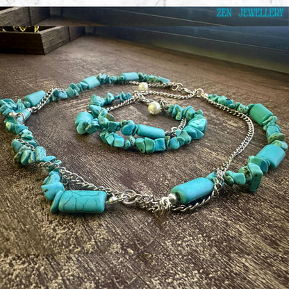 Layered turquoise necklace and bracelet set for spiritual energy balance and relaxation