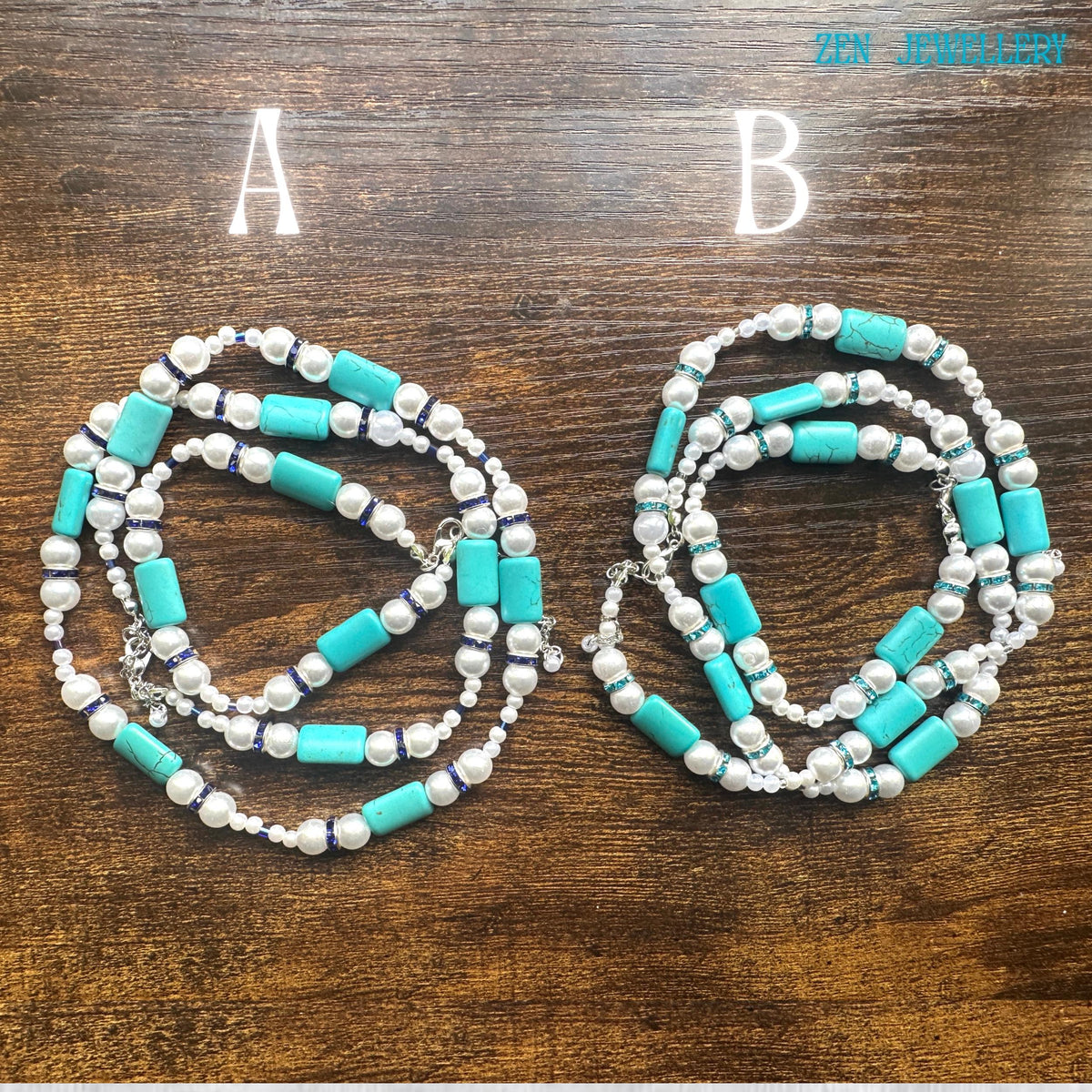 The turquoise pearl necklace and bracelet set displayed flat on a wooden background shows turquoise rectangular beads, white pearl beads, blue crystal spacers, and sterling silver extension chain with adjustable length making it a versatile handmade turquoise jewelry piece for women.