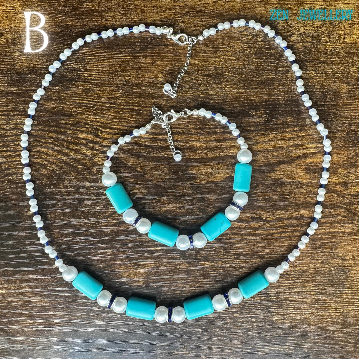 Boho turquoise and pearl necklace showcasing natural stones and smooth seed beads in vibrant shades of blue and white
