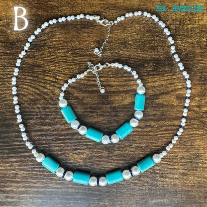 Boho turquoise and pearl necklace showcasing natural stones and smooth seed beads in vibrant shades of blue and white
