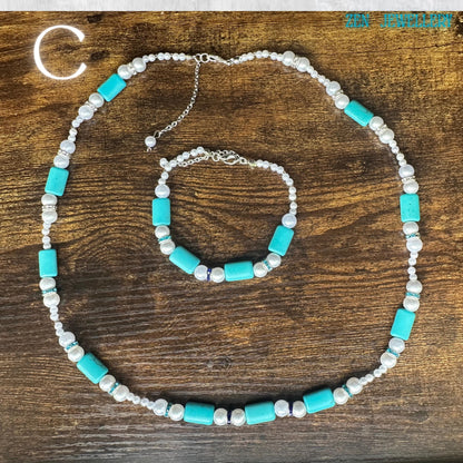 TURQUOISE PEARL | Necklace Bracelet Set | Sterling Silver | Boho Jewellery | Women Elegant Style