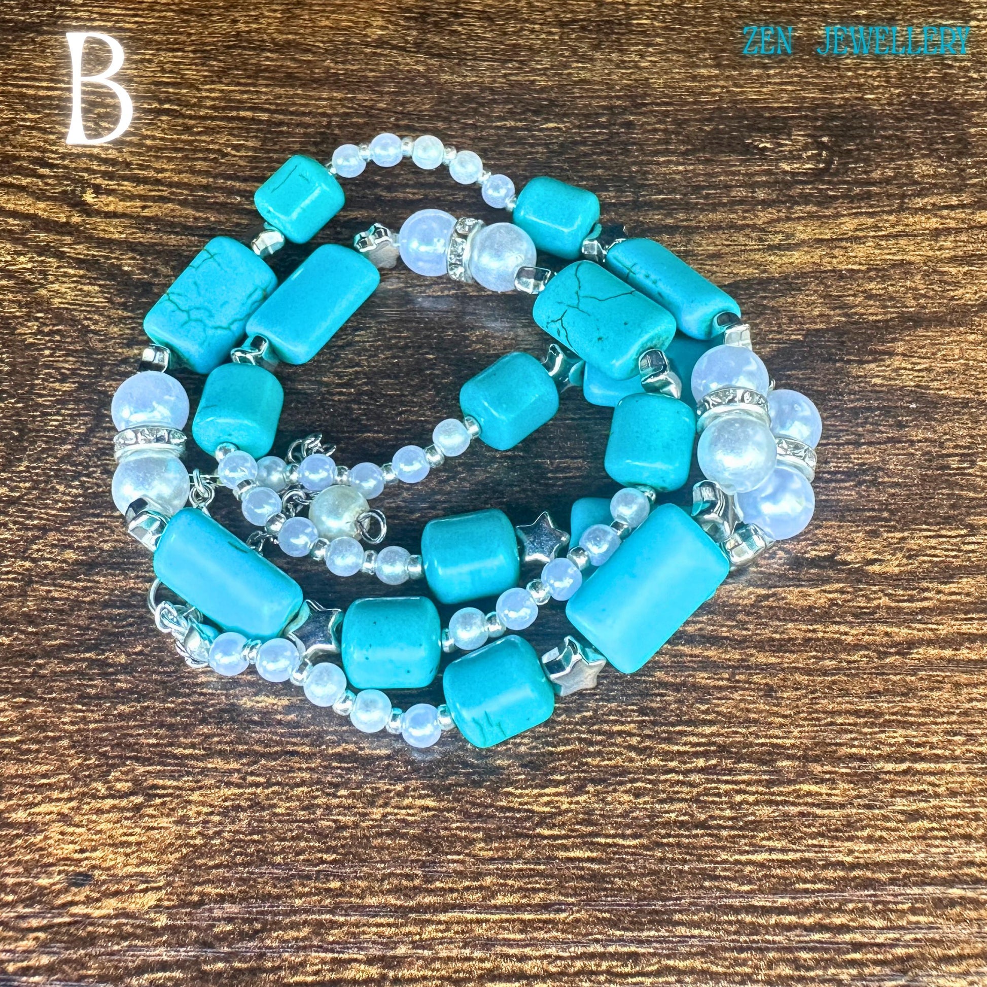 The TURQUOISE PEARL necklace is shown with layered curves emphasising the handcrafted beadwork and elegant boho chic accessories styling. Bright turquoise nuggets contrast with soft white pearl beads and shimmering silver connectors, creating a balanced artistic composition. The rustic wood surface enhances the earthy bohemian mood, while the sterling silver clasp adds premium quality detail.