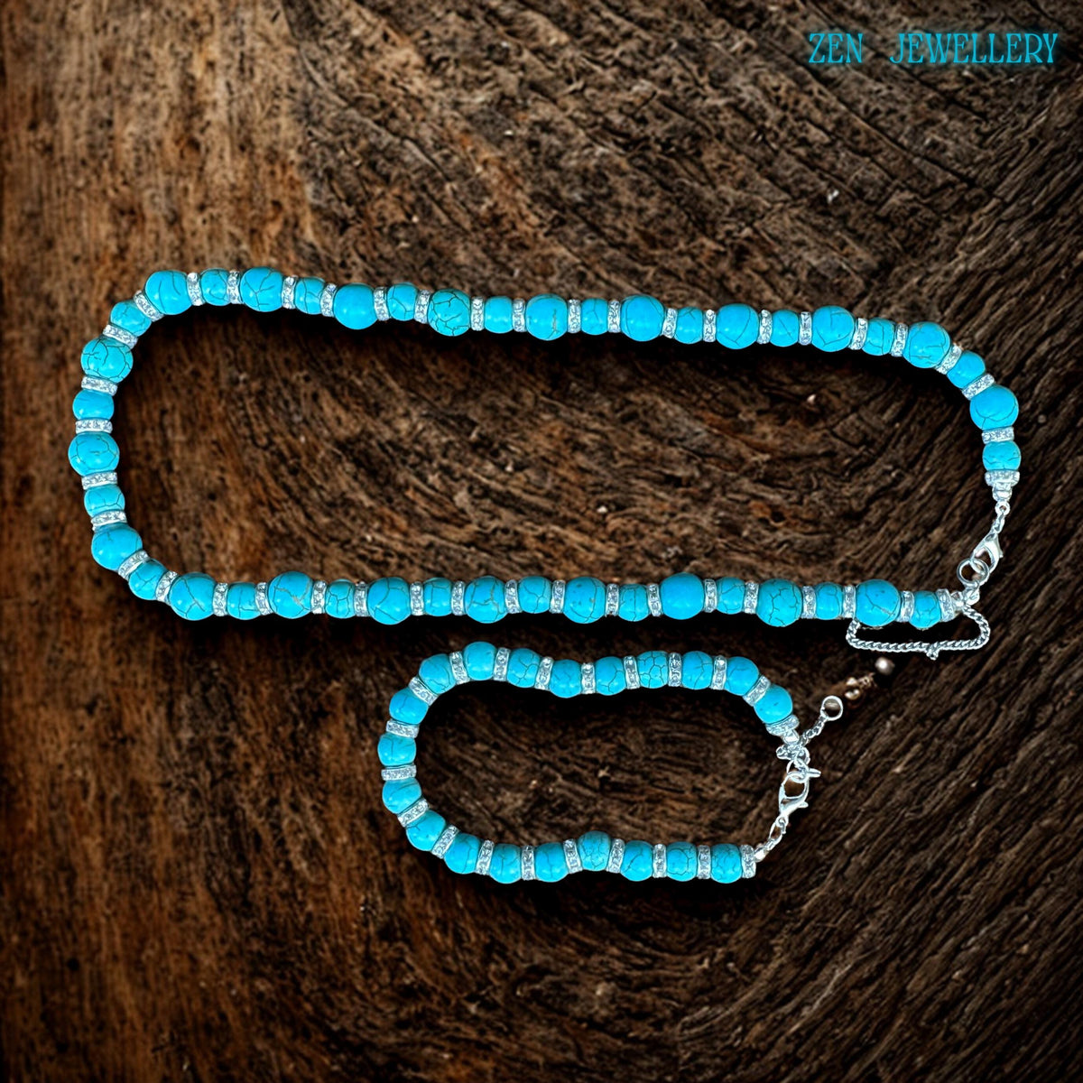 A close-up photograph of the sterling silver clasps and extension chains used in the turquoise necklace and bracelet set. The silver findings complement the sparkling rhinestone spacers while ensuring durability, adjustability, and a premium handcrafted jewellery finish suitable for gifting and daily wear.