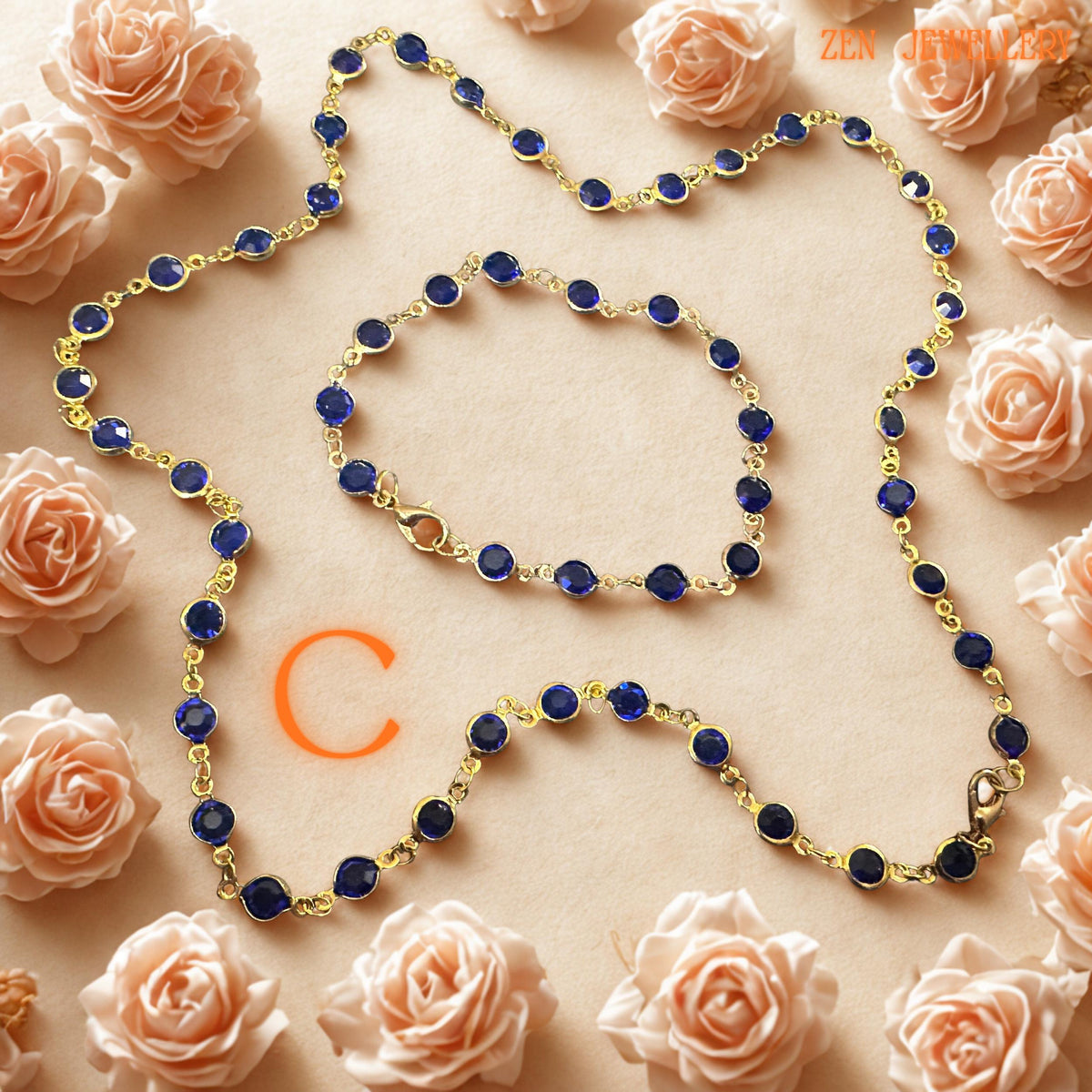 Navy blue Austrian crystal necklace on gold chain, handmade with adjustable clasp for comfort and luxury style.