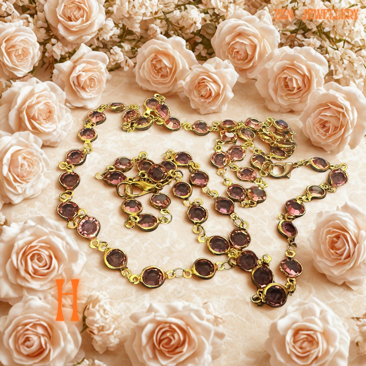 Boho-style Austrian crystal jewellery in champagne colours on a gold chain, ideal as a handmade gift for women.