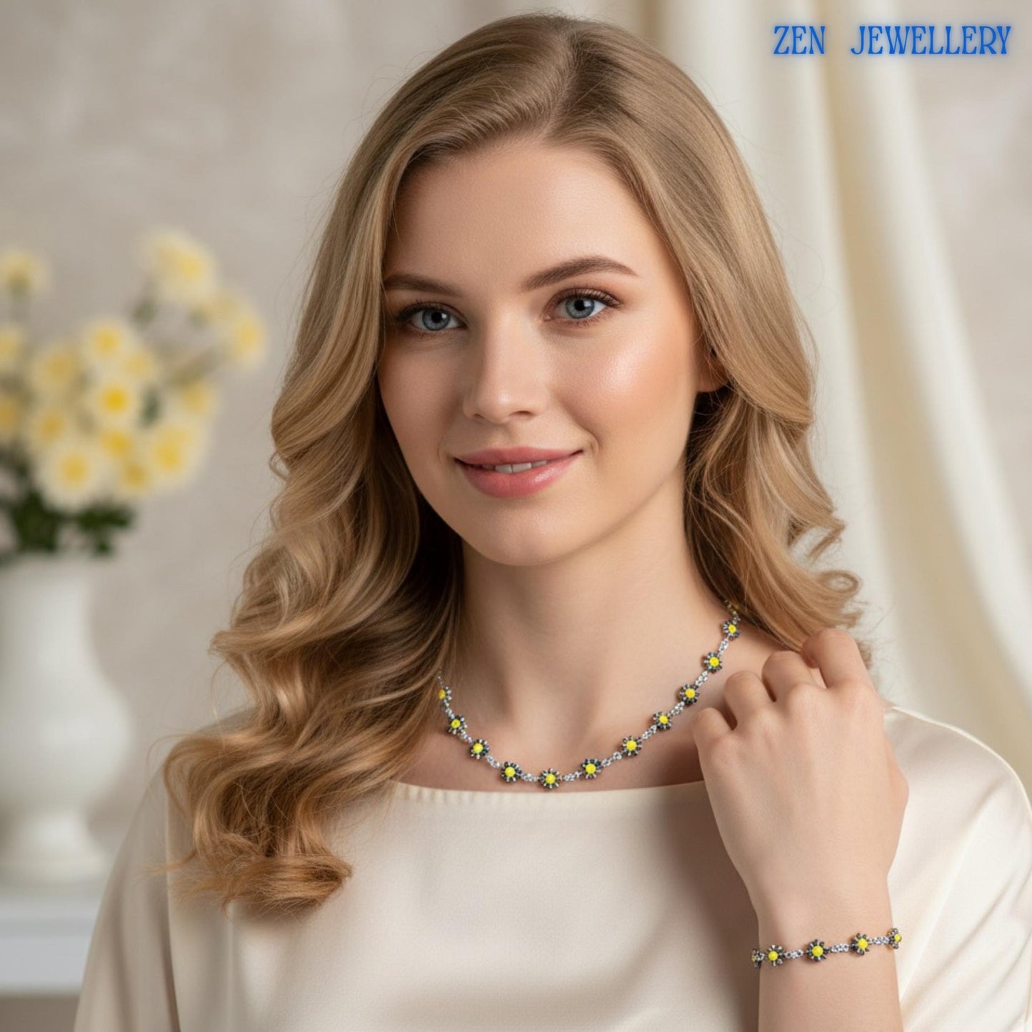 Handmade Crystal Silver flower necklace and bracelet displayed in an artistic arrangement highlighting the intricate floral crystal design. The bright yellow crystal flowers resemble blooming daisies and sunflowers, symbolising happiness and positivity. Silver-tone chain links provide contrast and elegance while allowing flexibility and comfort. This unique jewellery set complements spring wardrobes, outdoor celebrations, and handmade jewellery c
