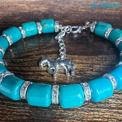 Turquoise chakra bracelet with horse pendant and vintage silver finish