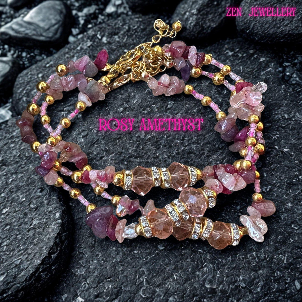 Close-up view of an elegant pink gemstone wrap bracelet featuring natural stone chips in soft blush pink, rose quartz tones, and rich raspberry hues. The bracelet is enhanced with faceted crystal beads that catch the light beautifully and gold-tone metallic accents that add a luxurious finish. This piece is designed in a layered wrap style, offering a boho-chic aesthetic perfect for styling with casual outfits, evening wear, or special celebratio