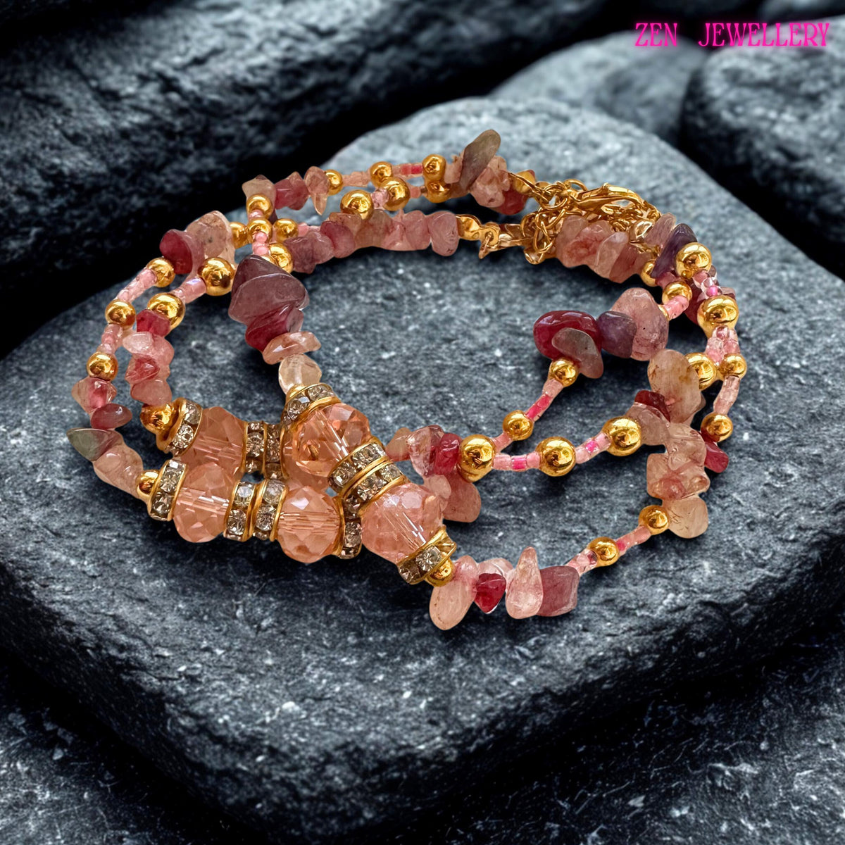 Handcrafted bohemian bracelet featuring delicate pink gemstones in blush, rose, and raspberry tones, arranged across multiple strands in a wrap design. The bracelet includes shimmering crystal beads and gold metallic accents that elevate its elegance and visual depth. Designed to wrap comfortably around the wrist, it creates a layered luxury look that is perfect for feminine styling, gifting occasions, or adding soft sparkle to everyday fashion.