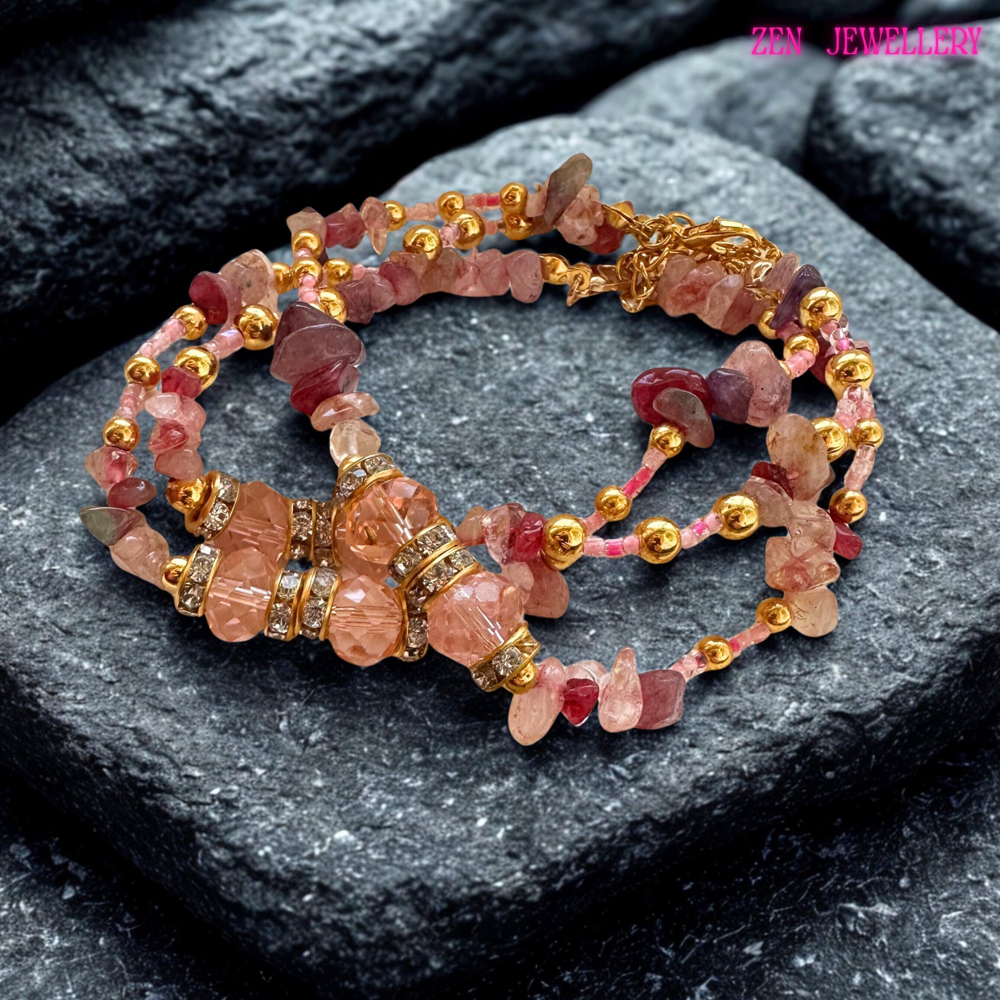 Handcrafted bohemian bracelet featuring delicate pink gemstones in blush, rose, and raspberry tones, arranged across multiple strands in a wrap design. The bracelet includes shimmering crystal beads and gold metallic accents that elevate its elegance and visual depth. Designed to wrap comfortably around the wrist, it creates a layered luxury look that is perfect for feminine styling, gifting occasions, or adding soft sparkle to everyday fashion.